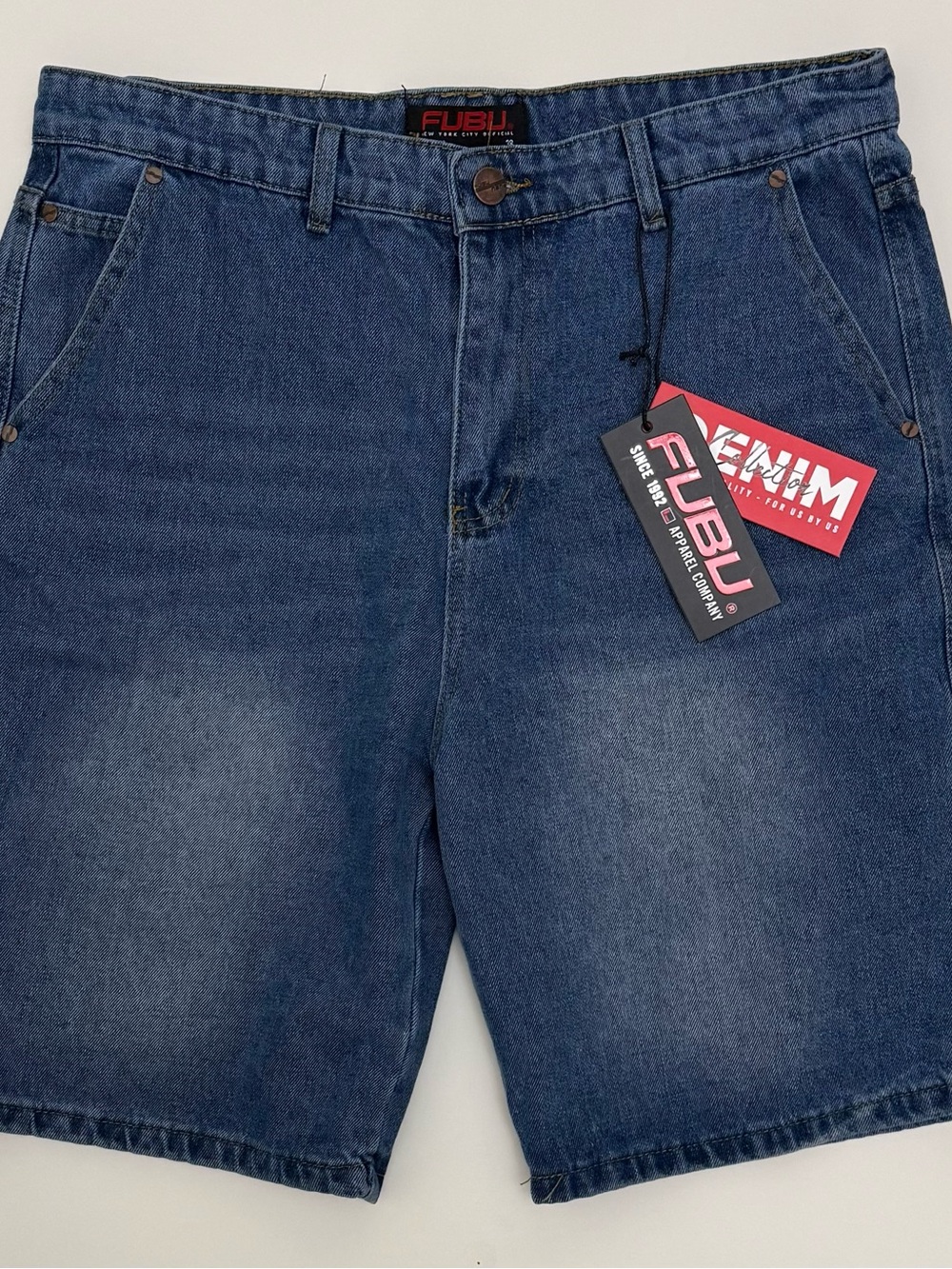 FUBU Men's Blue Denim Baggy Y2K Shorts Flat Front Pockets Embroidered Back - NWT